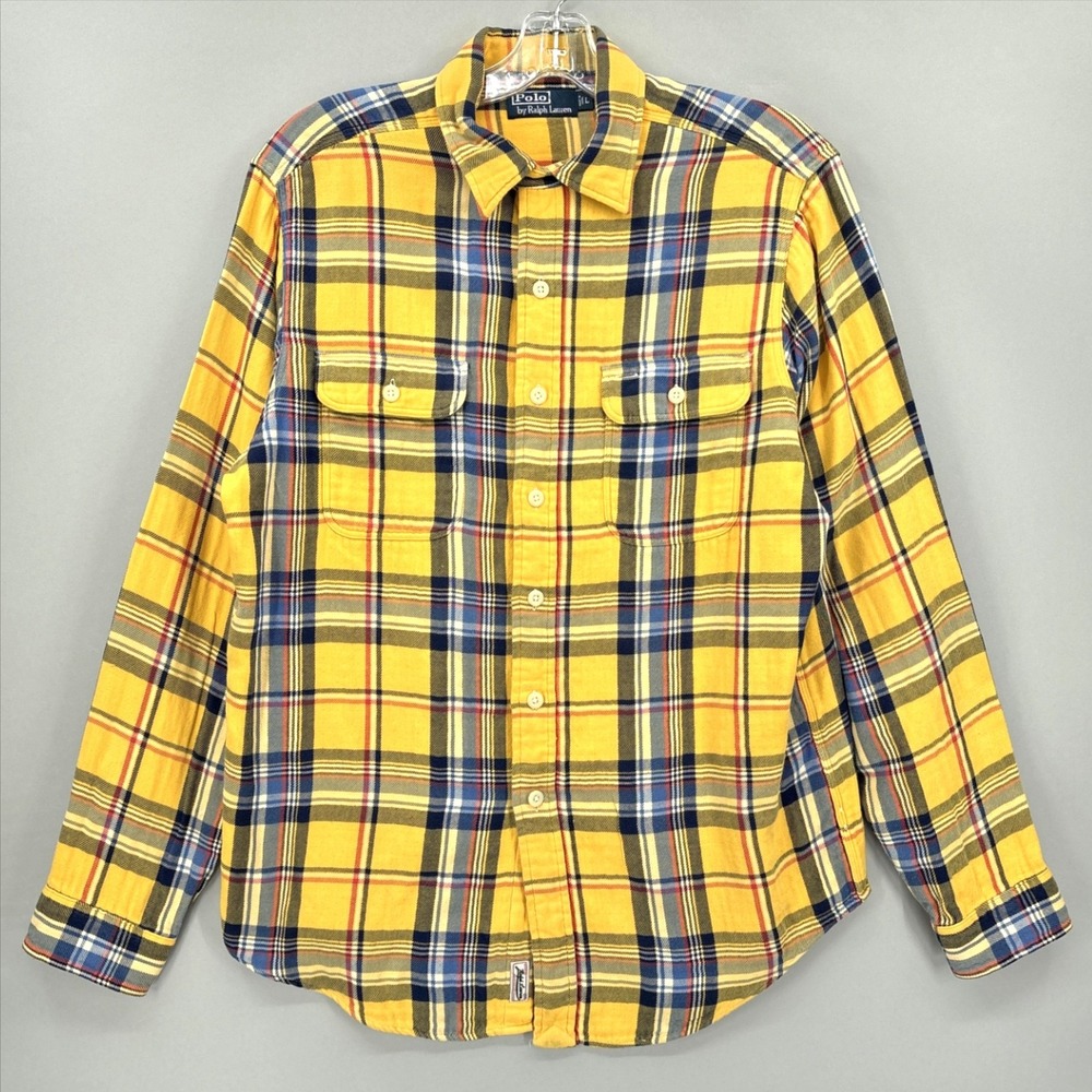 Polo Ralph Lauren Shirt Mens Large Yellow Plaid Flannel Button Up Double Layer
